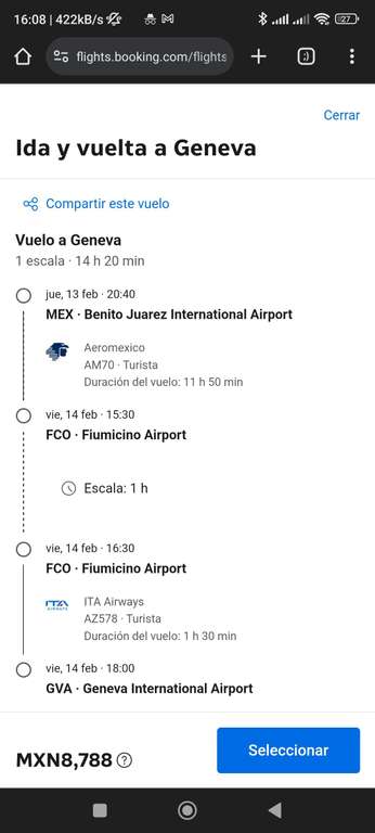Booking: Vuelo redondo a Ginebra Suiza