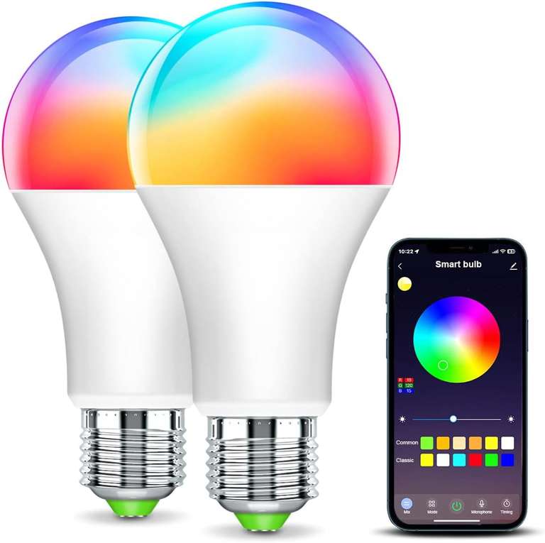 Amazon: Focos Inteligentes LED Wi-Fi 2 Pack, Focos LED 9W E27, RGB+2700K-6500K Dimmable, Compatible con Alexa/Google Home/IOS/Android