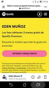 Spotify, 3 meses premium Fans Edén Muñoz | Plan individual | Nuevos usuarios