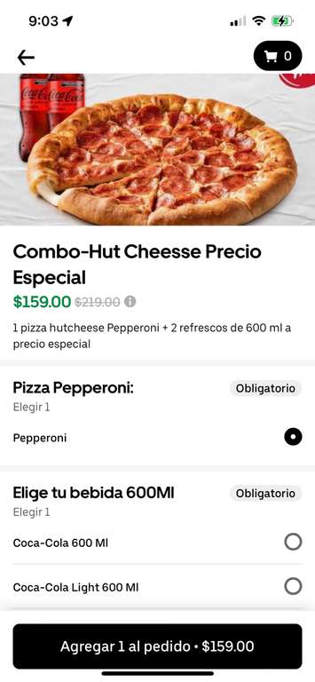 Uber Eats | Pizza Hut combo Hut Cheesse precio especial, uber one