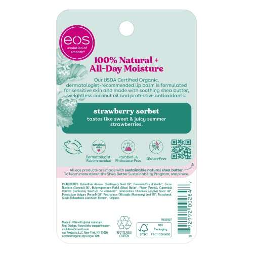 Amazon: eos Organic Lip Balm Sphere - Strawberry Sorbet | Certified Organic & 100% Natural | 0.25 oz.