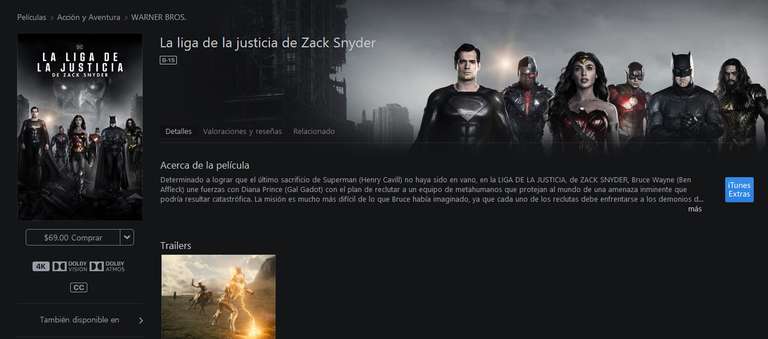 La liga de la justicia de Zack Snyder - iTunes $69