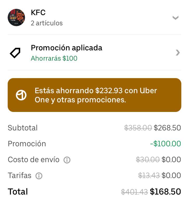 Uber Eats: KFC - 2 combos MegaBox Ke Tiras Burger + Ke Tira o Pieza de Pollo - (Solo miembros Uber ONE)