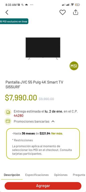 HSBC y Soriana Pantalla JVC 55 Pulg 4K Smart TV SI55URF $6,392
