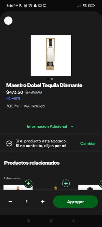 Tequila Maestro dobel diamante en rappi turbo CDMX