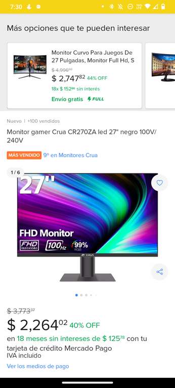 Mercado Libre: Monitor gamer Crua CR270ZA led 27" negro 100V/240V