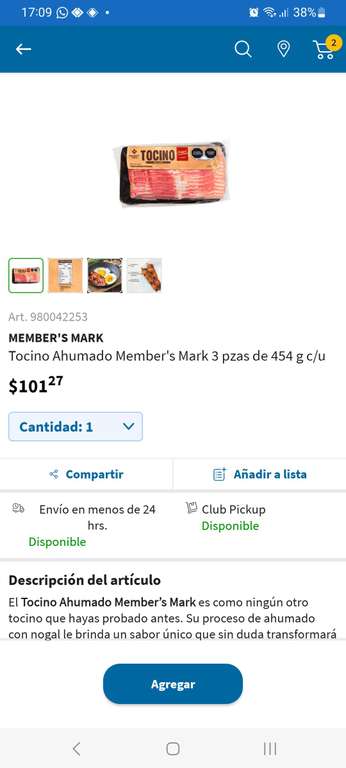 Sam's Club: Tocino ahumado members mark, 1.362 grs