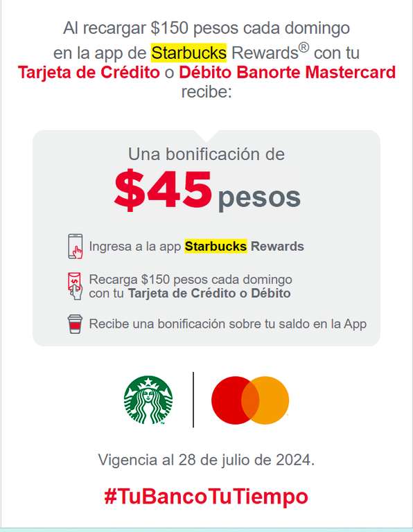 Starbucks Rewards: $45.00 de Bonificacion recargando $150 los DOMINGOS con tarjeta MasterCard