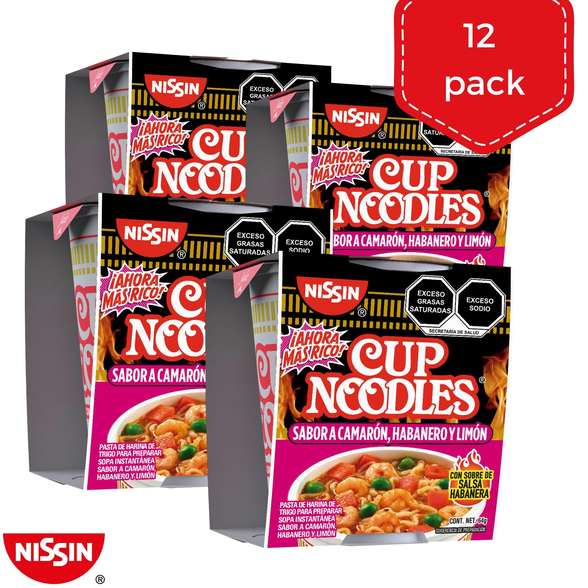 AMAZON: Nissin Cup Noodles Camarón, Habanero y Limón, 12 unidades ($9.5 c/u)