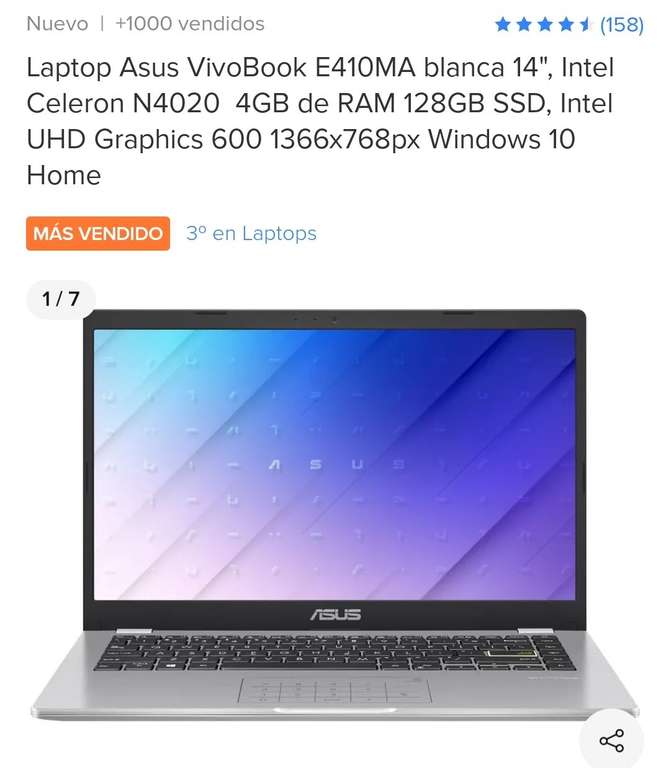 Mercado Libre: Laptop Asus VivoBook E410MA blanca 14", Intel Celeron N4020 4GB de RAM 128GB SSD, Intel UHD Graphics 600