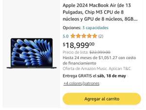 Amazon: Apple 2024 MacBook Air (de 13 Pulgadas, Chip M3, 256gb) pagando con American Express