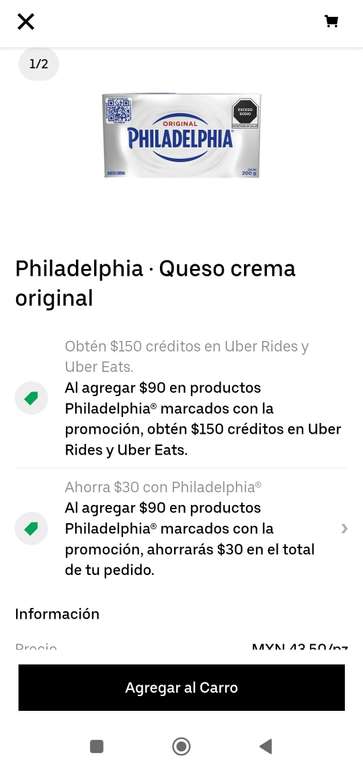 Cornershop: Compra $90 o más en productos Philadelphia participantes y obten $150 para Uber/Uber Eats (Adiconal $30 de descuento)