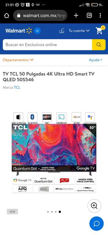 Walmart: TV TCL 50 Pulgadas 4K Ultra HD Smart TV QLED