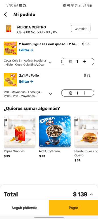McDonald's: DOS COMBOS COMPLETOS+2HAMBURGUESAS+2MCPOLLO POR $139