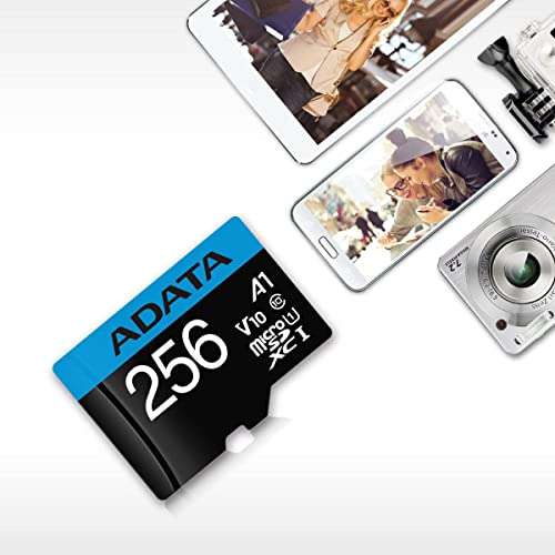 Amazon: ADATA 256 GB Tarjeta de Memoria Micro SDXC con Adaptador Color Negro con Azul A1 (Clase 10)