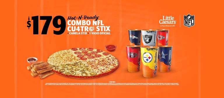 Little Caesars: Combo NFL Pizza 4 Stix + Canela Stix + 1 vaso oficial
