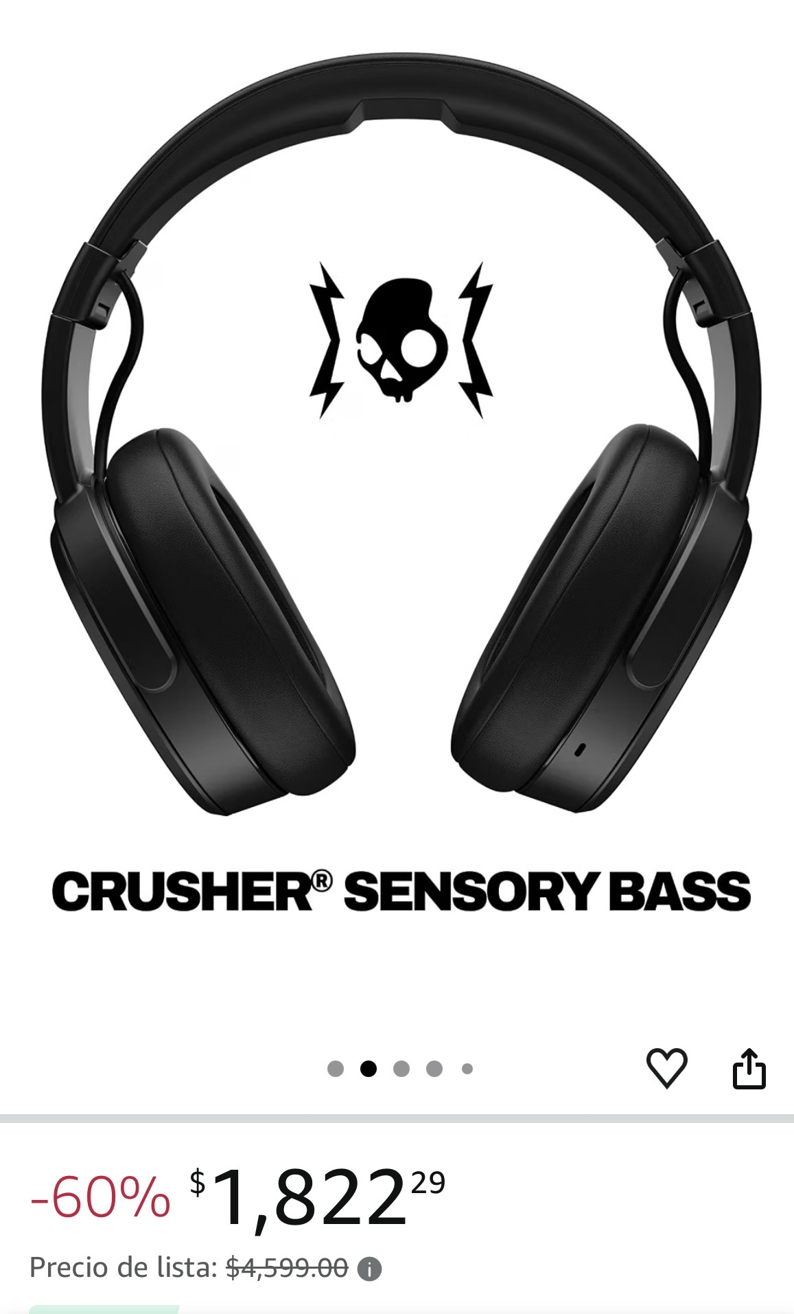 Amazon: Skullcandy Audífonos Inalámbrico Crusher Wireless Negro Over Ear