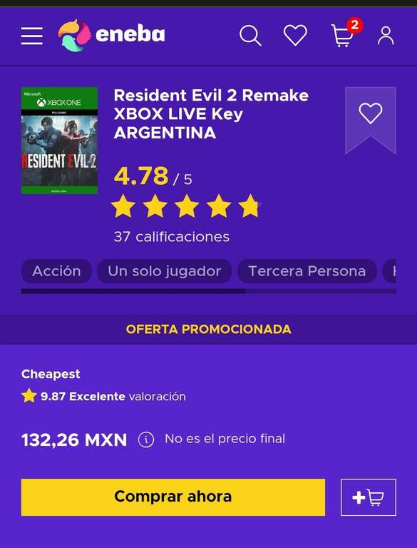 Eneba: Resident evil 2 remake xbox (ARG) y OTROS JUEGOS