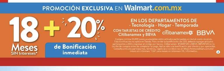 Walmart Fin Irresistible: 20% bonificación inmediata pagando a MSI (BBVA y Citibanamex)