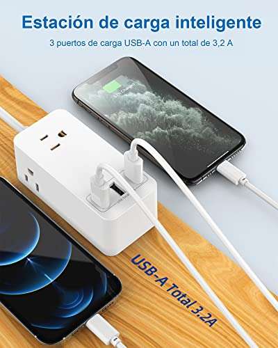 Amazon: Regleta de alimentación, Multicontacto con 3 Cargador USB, 3 tomacorrientes de CA, Cable de extensión de 1.5 metros
