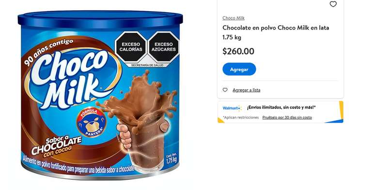 Amazon: Choco Milk Alimento en Polvo Fortificado para Leche Sabor Chocolate Lata 1750g