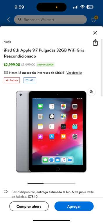 Walmart: iPad 6th Apple 9.7 Pulgadas 32GB Wifi Gris Reacondicionado
