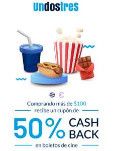 UnDosTres: obtén cupón de 50% de cashback para boletos y dulcería en Cinépolis y Cinemex al hacer compras mayores de $100 dentro de la app