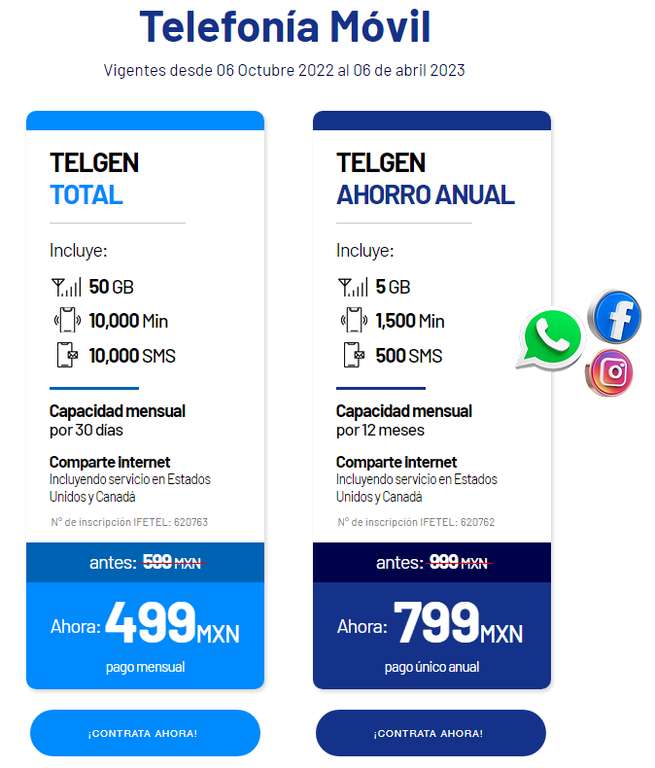 Telgen: Nuevamente, Plan Ahorro Anual con 5 gigas, 1500 min y 500 sms por 12 meses a $799