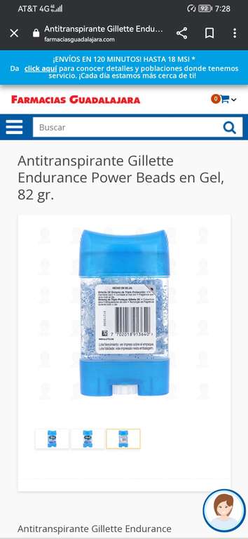 Farmacias Guadalajara, Antitranspirante Gillette Endurance Power Beads en Gel, 82 gr.