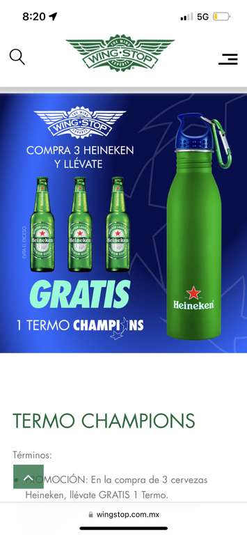 Wingstop: Termo Champions gratis en la compra de 3 cervezas Heineken