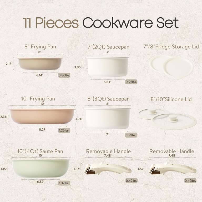 Amazon: Juego de ollas y sartenes de 11 piezas, juegos de utensilios de cocina antiadherentes con mangos desmontables
