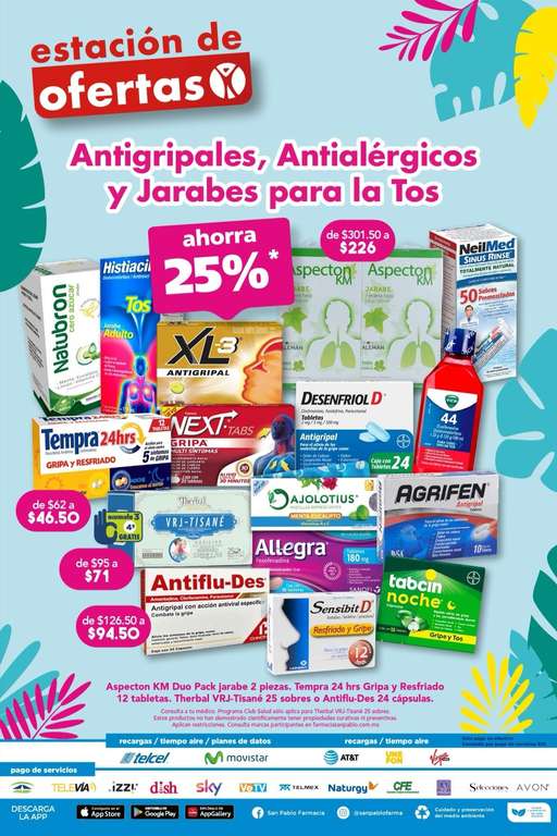 Farmacias San Pablo: 3° Folleto Estación de Ofertas: 2x1 Bienestar Sexual, 25% desc. Vitaminas, antigripales, antialérgicos y jarabes p/tos