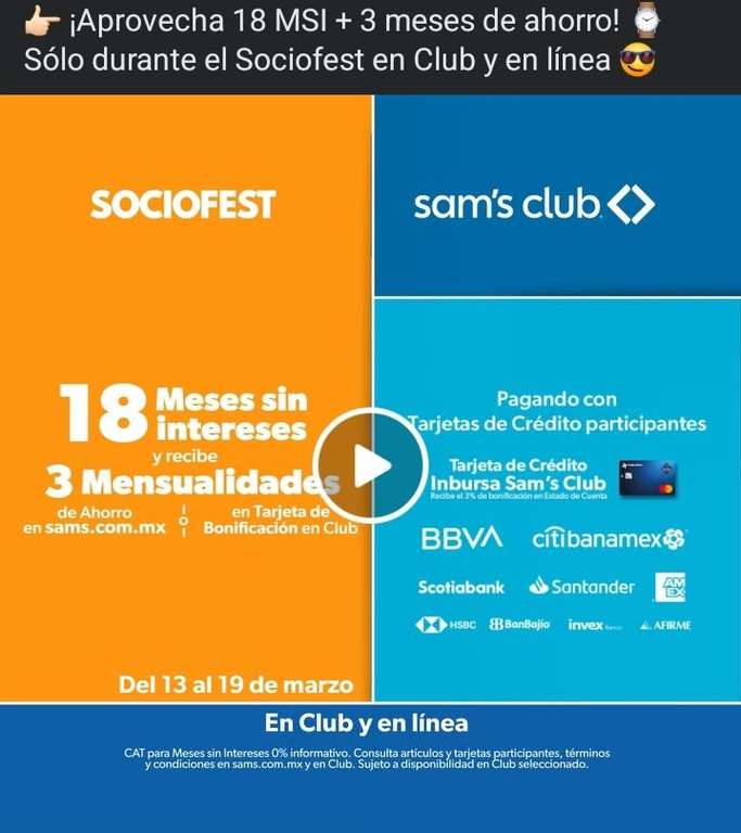 Sam's club, 18 MSI + 3 DE BONIFICACIÓN | Bancos seleccionados