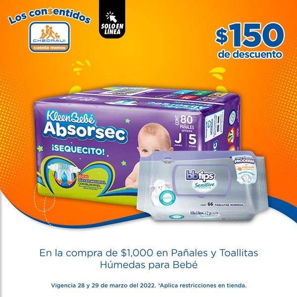 Chedraui: $150 de descuento en la compra de $1,000 en Pañales y Toallitas Húmedas para Bebé (Exclusiva tienda en línea)