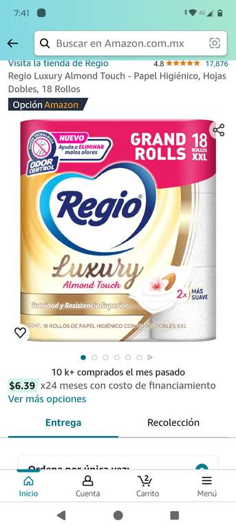 Amazon papel higiénico regio Almond Touch 18 rollos, con planea y ahorra queda en 98.10