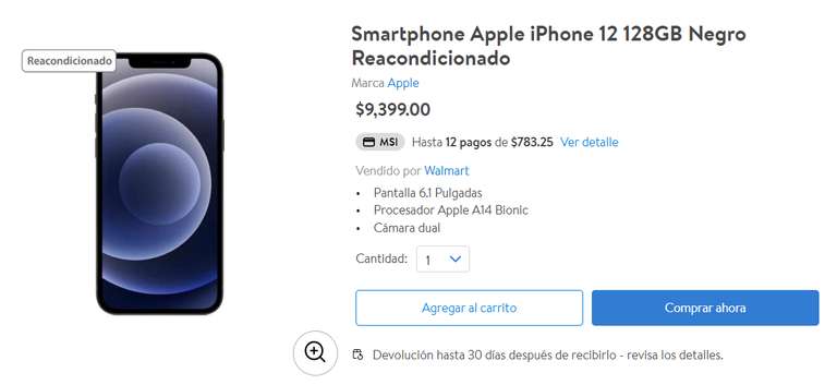 Walmart: Iphone 12 128Gb Reacondicionado Más barato! Banamex 12MSI