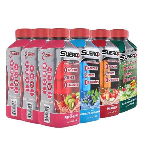 Amazon SUEROX 12 pack Hidratante con 8 Iones sabor Fresa Kiwi, Mora Azul, Manzana, Aloe Vera-Lychee, 630 ml c/u