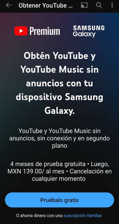 4 meses gratis de YouTube Music y YouTube Sin anuncios para dispositivos Samsung