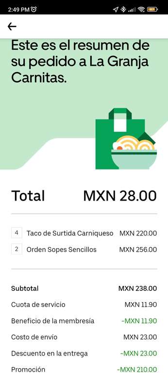 Uber EATS [Uber One] 4 tacos de surtida Carniqueso y 2 sopes sencillos $28 La Granja Carnitas