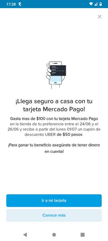 Mercado Pago: $50 de descuento en Uber al gastar $100 con la tarjeta física o digital
