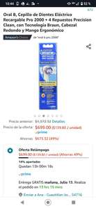 Amazon: Oral B, Cepillo de Dientes Eléctrico Recargable Pro 2000 + 4 Repuestos Precision Clean