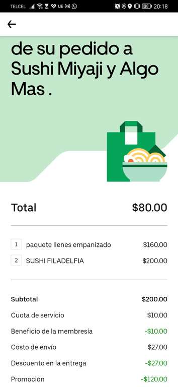Uber Eats [miembro One] - Sushi Miyaji y algo más; Paquete gratis en compra de $200 + $120 OFF en compra de $300