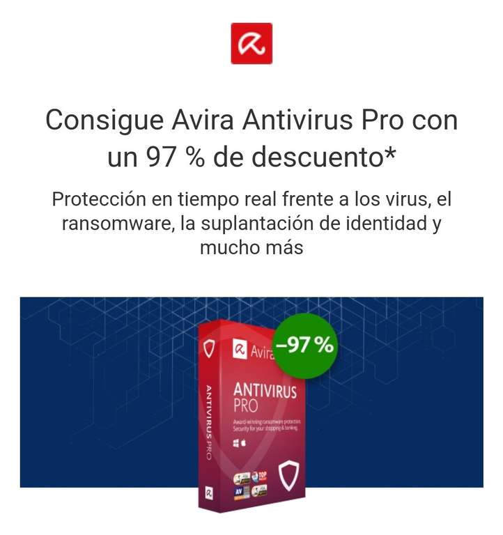 Nuevamente Avira antivirus con 97% de descuento