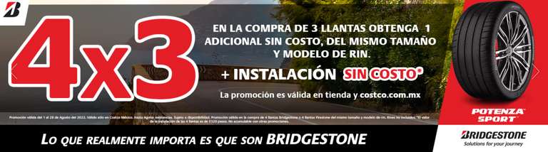 Costco: Llantas Bridgestone al 4 x 3 + instalción gratis