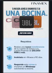 Finamex: bocina JBL al invertir $10 mil en +Pesos a 90 días (usuarios seleccionados)