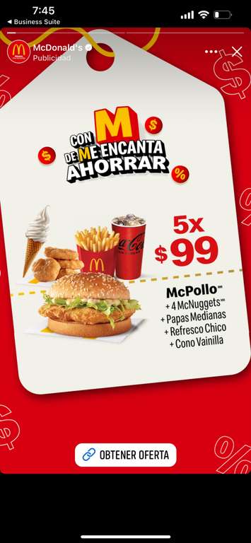 McDonald's: McPollo + 4 McNuggets + Papas medianas + Refresco chico + Cono vainilla por $99