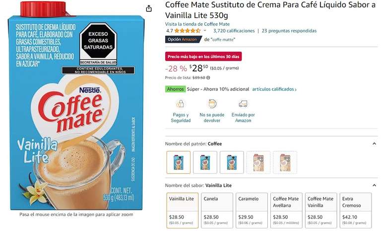 Amazon: Coffee mate en descuento, lo más bajo según Keepa -envío prime