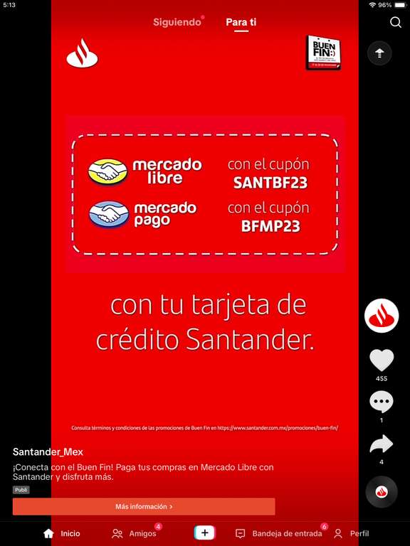 Buen Fin 2023 en Santander: Hasta 15% cashback o 10% OFF en Mercado Libre (SANTBF23) y Mercado Pago (BFMP23)