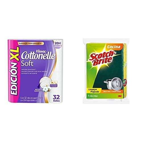 Amazon: Papel higiénico Kleenex Cotonelle Soft XL 32 rollos + fibra Scotch Brite | envío gratis con Prime