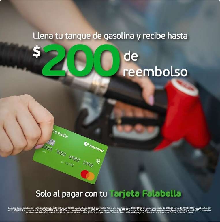 Falabella: 10% reembolso en cargas de gasolina desde $700 (máximo a reembolsar $200) | Leer descripción